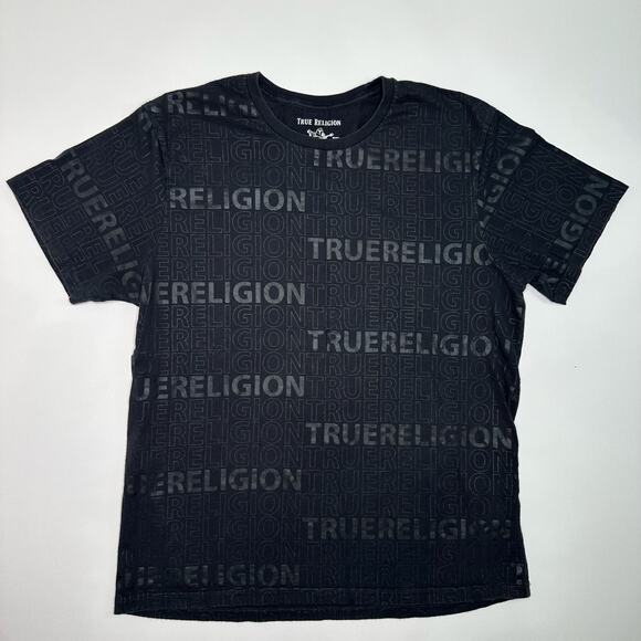 True Religion Allover Print Logo Black Cotton Tee - Picture 1 of 7
